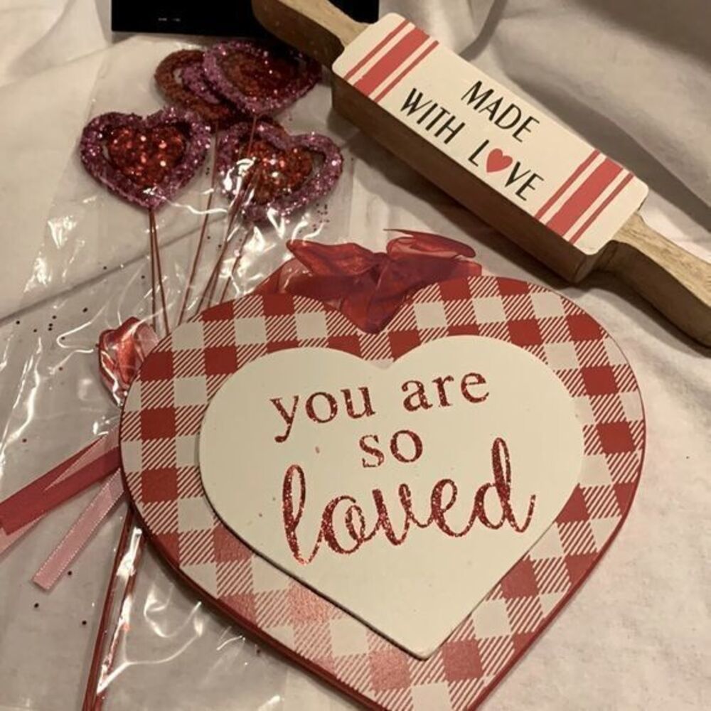 FOR Your Valentine. “You are so loved”, “Made with Love,” plaques. Red hearts.